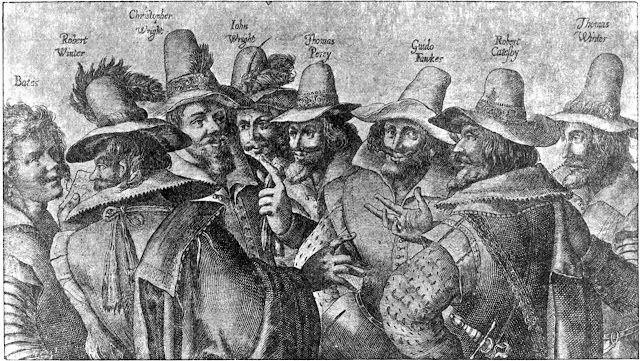 Гай Фокс и его соратники по «Пороховому заговору» 1605 года. Сам неудавшийся переворот был следствием того, что Яков I, получивший трон после смерти Елизаветы, ещё больше закрутил гайки, не давая католикам спуску