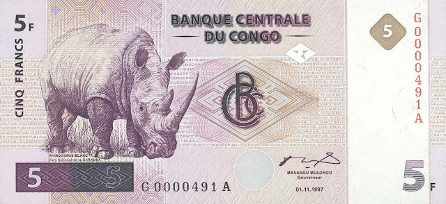 Congo Democratic Republic Currency 5 Congolese francs banknote 1997 White rhinoceros