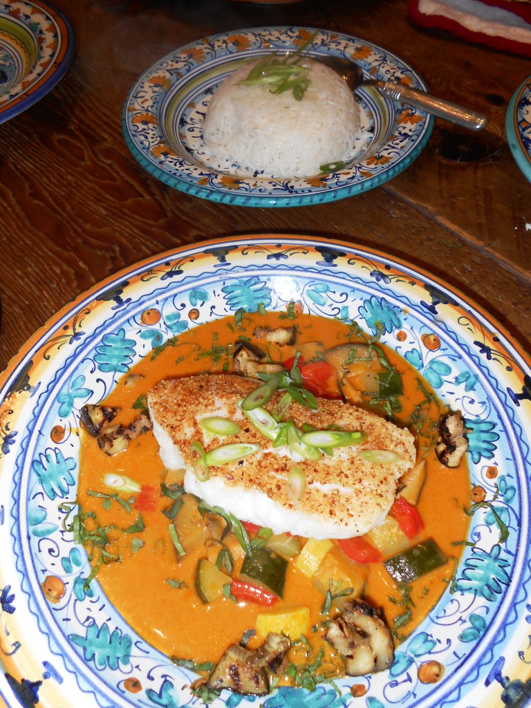 Malibu Recipes Nut Crusted Halibut with Vegetable Curry