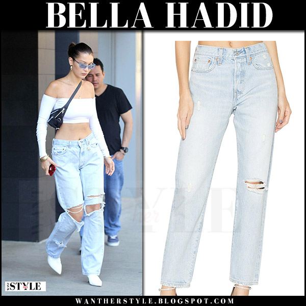 Bella Hadid in white crop top and light blue ripped Levi's jeans in NYC on  August 4 ~ I want her style - What celebrities wore and where to buy it.  Celebrity Style