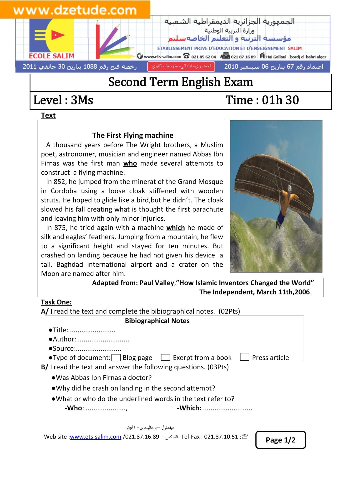 إختبار اللغة الإنجليزية الفصل الثاني للسنة الثالثة متوسط - الجيل الثاني نموذج 2