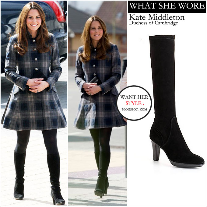 WHAT SHE WORE: Kate Middleton in blue and grey plaid coat with black ...