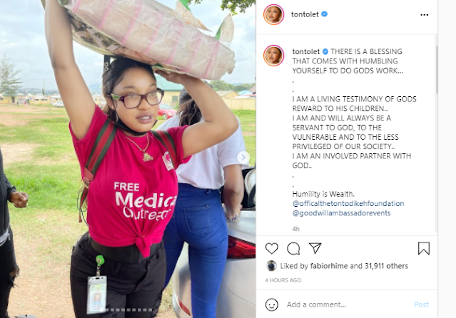 There is a blessing that comes with humbling yourself to do Gods work– Tonto Dikeh says as she leads by example (Photos)