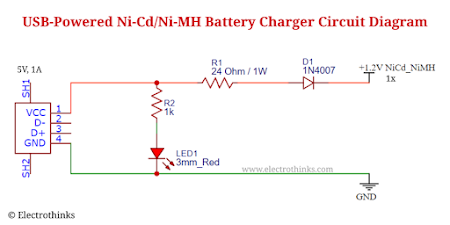 Schematic of USB powered Ni-Cd/Ni-MH battery charger circuit