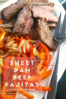 Sheet Pan Beef Fajitas:  Caramelized onions and peppers mixed with juicy meat, wrapped up in a hot fluffy tortilla. - Slice of Southern