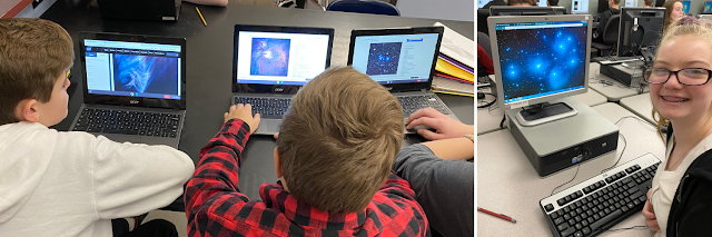 Mrs. Runyon's 8th-grade students compare images of deep-sky objects such as nebulae, galaxies and star clusters taken with Insight Observatory's ATEO remote telescopes and the Hubble Space Telescope. Photo Credits: Karen Runyon.