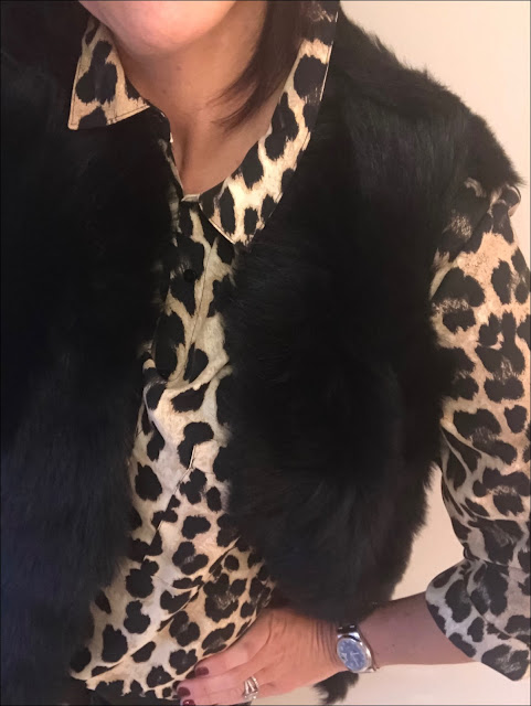 My Midlife Fashion, Zara leopard print blouse, the white company reversible sheepskin gilet, french connection faux leather trousers, zara cowboy heel ankle boots