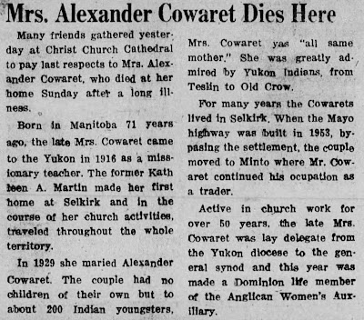 "Mrs. Alexander Cowaret Dies Here," The Whitehorse Star, 30 Oct 1958, p. 9, col. 6; digital images, Newspapers (www.newspapers.com : accessed 28 Apr 2020).