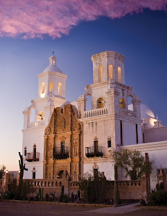 White and tan Spanish mission church- San Xavier, Tucson, AZ