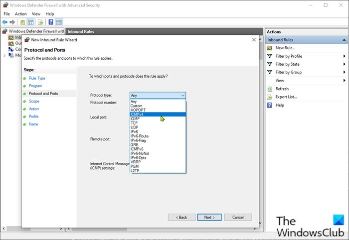 Consenti ping tramite l'interfaccia utente di Windows Firewall-Windows Defender Firewall