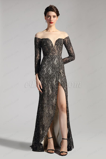 V Neckline Sleeves High Slit Prom Party Gown