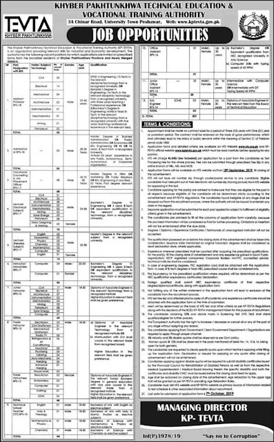 TEVTA KPK Jobs 2019 Technical Education Vocational Training Authority https://jobspk.xyz/2019/09/tevta-kpk-jobs-2019-technical-education-vocational-training-authority.html