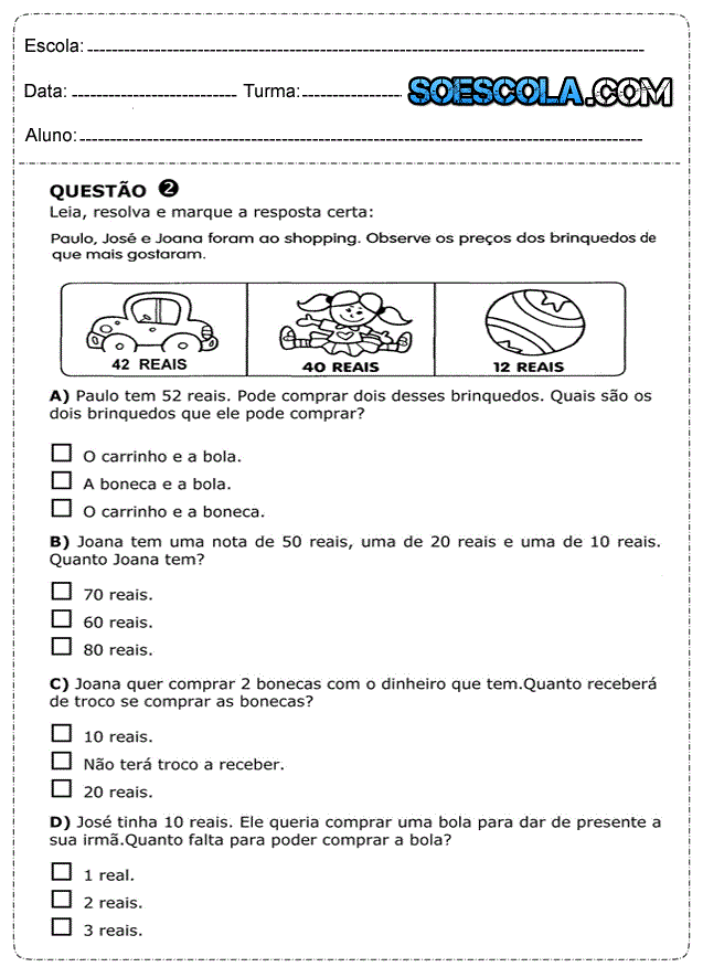 ATIVIDADE DE MATEMÁTICA - 2º ANO - Questionário