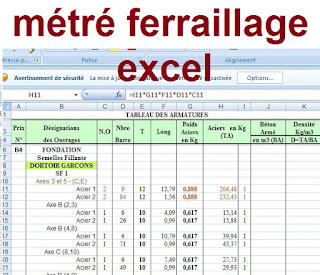 Exemple de métré ferraillage acier en feuille excel.