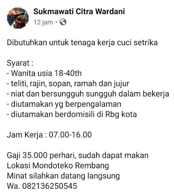 Lowongan Kerja Tenaga Cuci Setrika Laundry Sukmawati Rembang Tanpa Syarat Pendidikan Lowongan Kerja Tenaga Cuci Setrika Laundry Sukmawati Rembang Tanpa Syarat Pendidikan