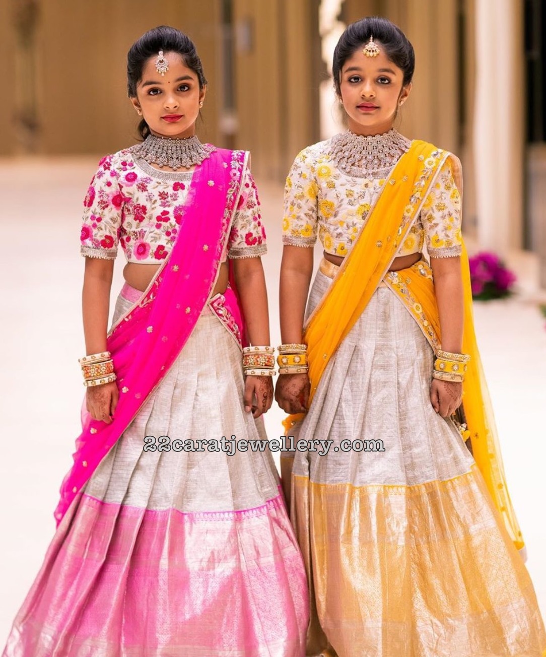 Viranica and Vishnu Daughters in Silver Half Sarees - Indian Dresses