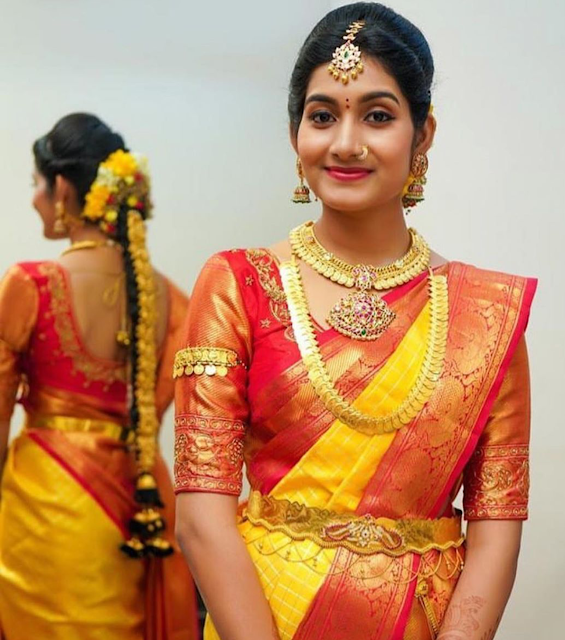 Bride in Kasu Haram Gold Mango Choker Jewellery Designs