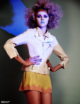 purple hair, model with afro big hair, fashion photographer london, blue teal lipstick