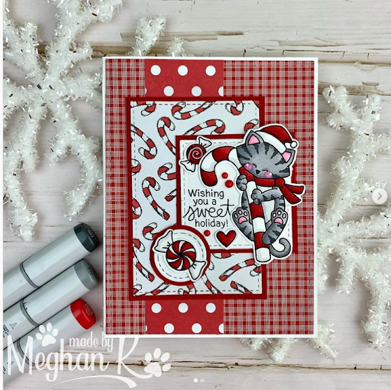 Wishing you a sweet holiday by Meghan K. features Newton's Candy Cane by Newton's Nook Designs; #inkypaws, #newtonsnook, #holidaycards, #catcards, #cardmaking, #christmascards