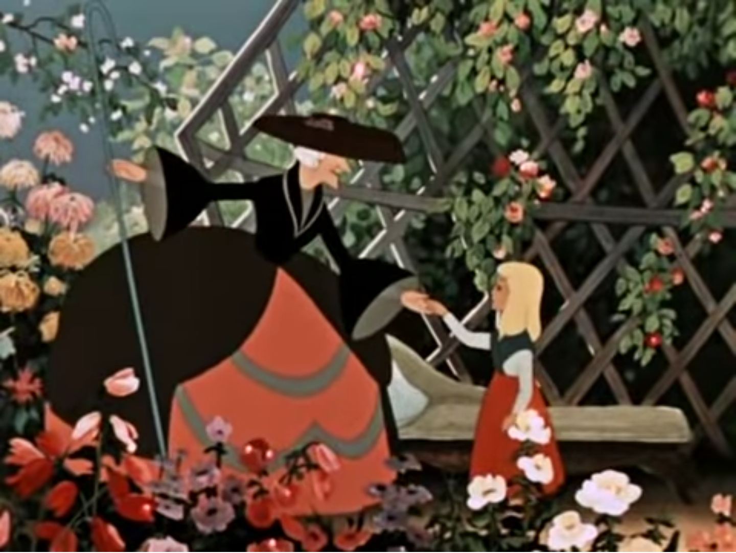 В большой соломенной шляпе расписанной чудесными цветами. Сад волшебницы из сказки Снежная Королева.