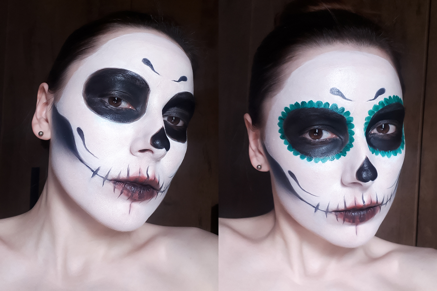 dyptich with two pictures of a skull sugar makeup tutorial