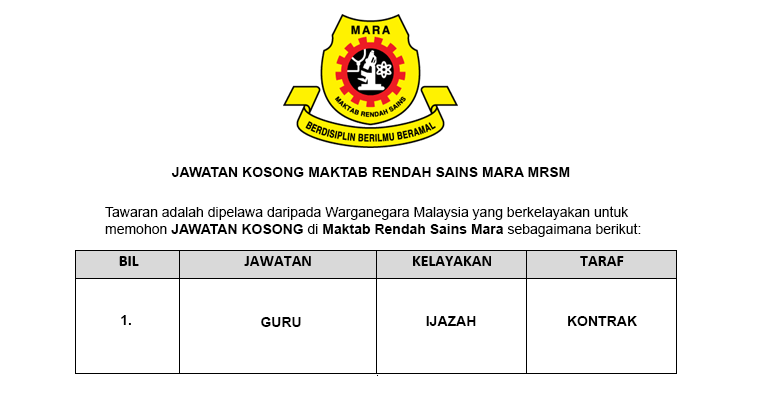 Maktab Rendah Sains Mara Mrsm Jawatan Kosong Guru Mrsm Jobcari Com Jawatan Kosong Terkini