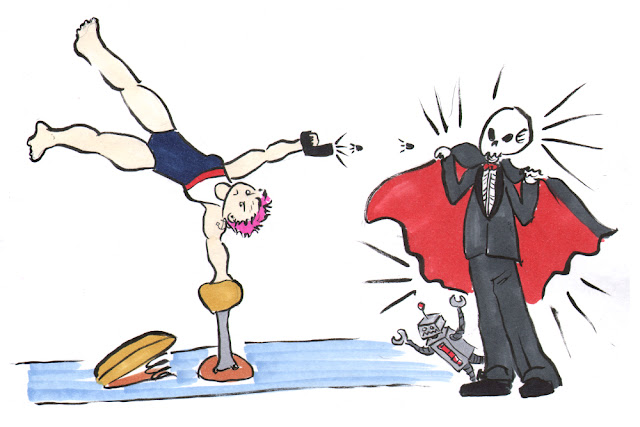 A pink haired woman in a leotard vaults over a pommel horse while shooting at a skeleton in a Tux with a cape.