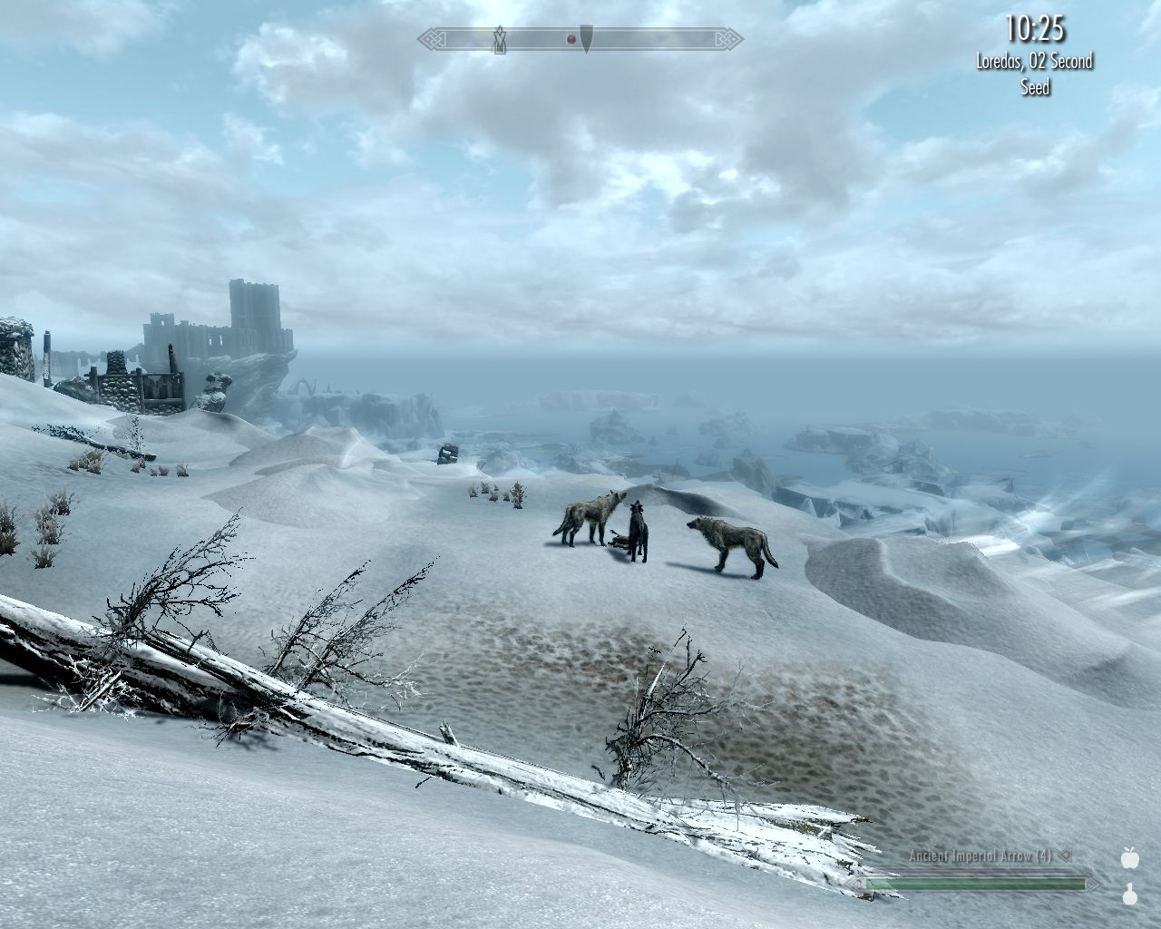 three wolves ahead on a snowy slope howing, gathered around what looks like their prey