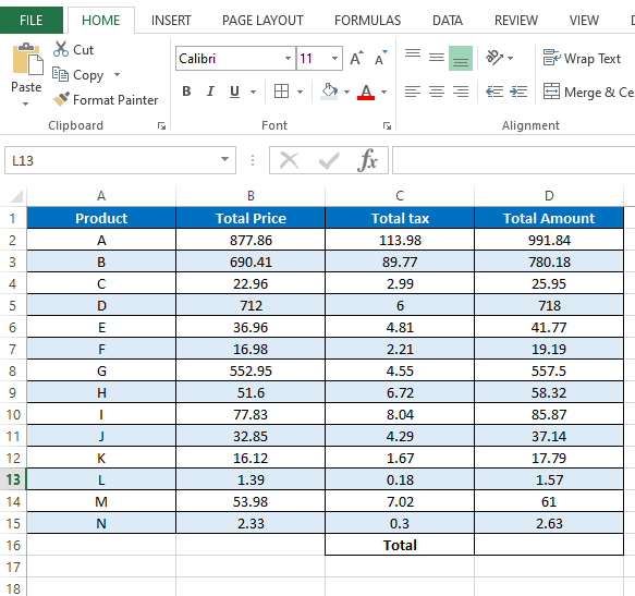Sample sheet for Sum formula example
