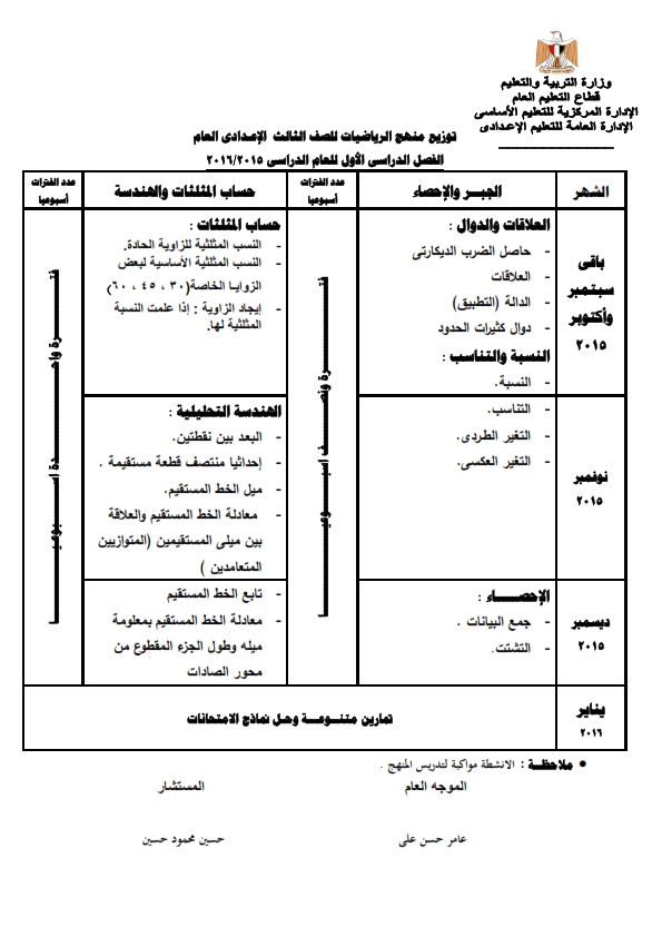  رياضيات: توزيع مناهج الصفوف الاعدادية "من الاول للثالث الاعدادي" الترمين للعام الدراسي 2015/2016 _____%2B____%2B________%2B2016_005