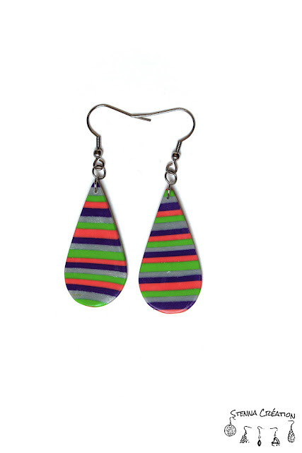 Boucles d'oreilles pâte polymère rayures violet vert corail argent Cernit Fimo Stenna Création