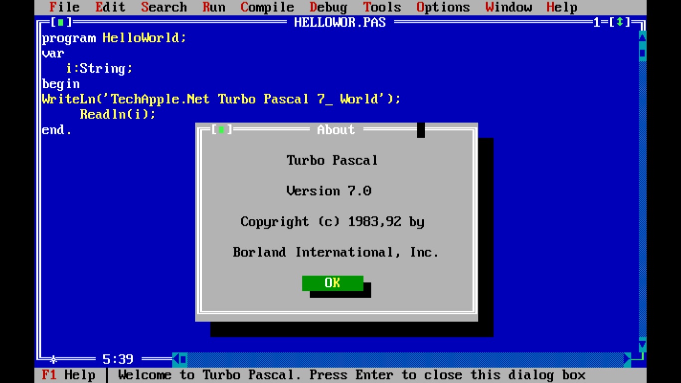 V 7.0 0. Turbo Pascal, версия 7.0.. Turbo Pascal dasturi. Turbo Pascal Интерфейс. Язык программирования Pascal 7.