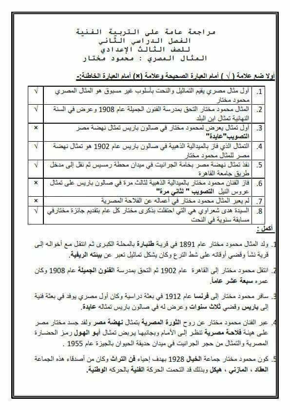 بالصور: اقوى 4 ورقات مراجعة نظري التربية الفنية للصف الثالث الاعدادي الترم الثاني 1