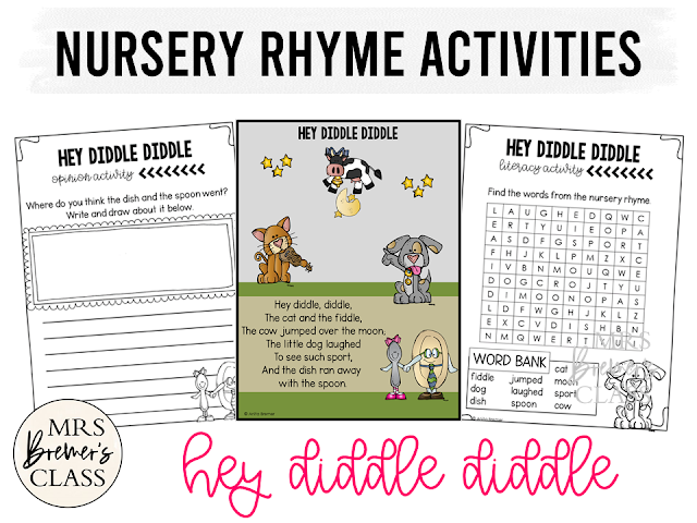 Hey Diddle Diddle activities unit with  literacy and math Common Core aligned companion activities for Nursery Rhymes in Kindergarten