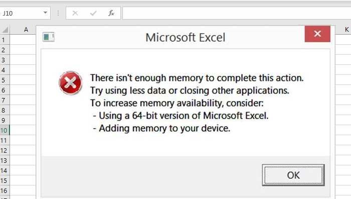 Excel: sin memoria, no hay suficientes recursos del sistema para mostrar completamente