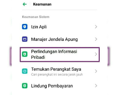 Menu perlindungan informasi pribadi