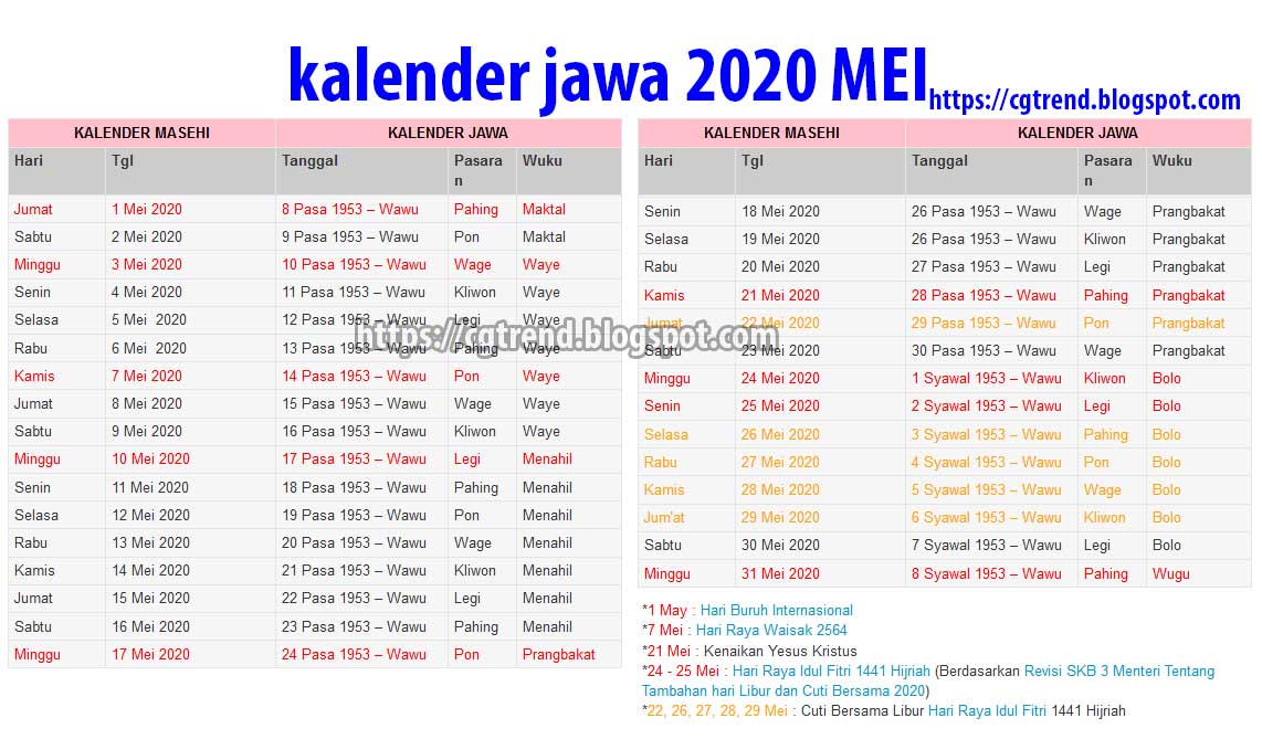 Kalender Jawa Bulan Mei 2020 Cgtrend