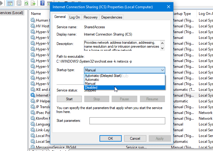 Internet-verbinding delen (ICS) uitschakelen in Windows 10