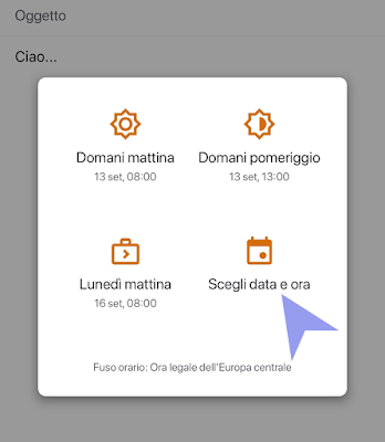 Menù di scelta dell'invio di e-mail programmate Gmail