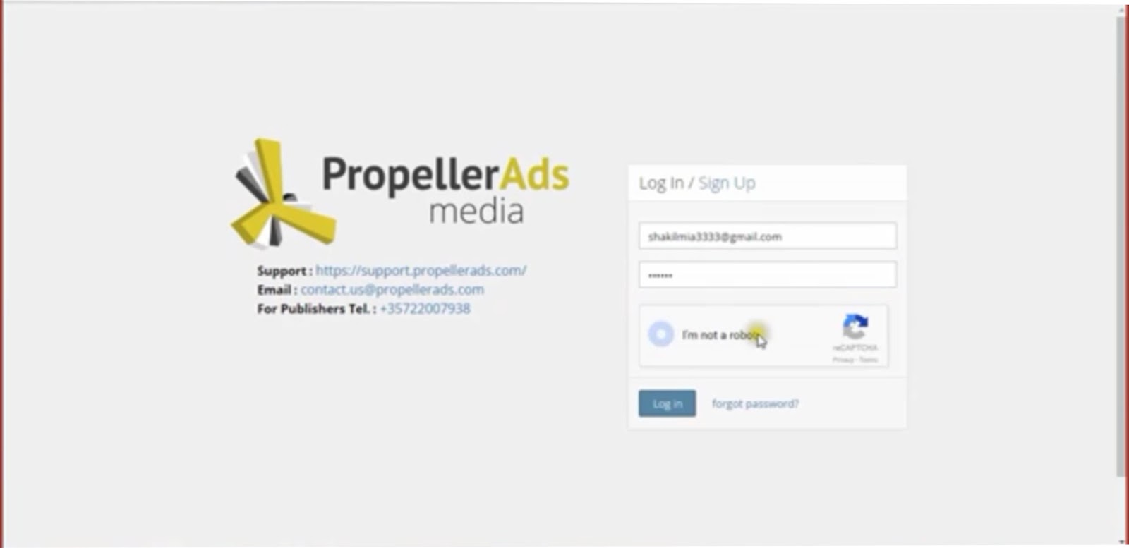 propeller ads login page for publishers