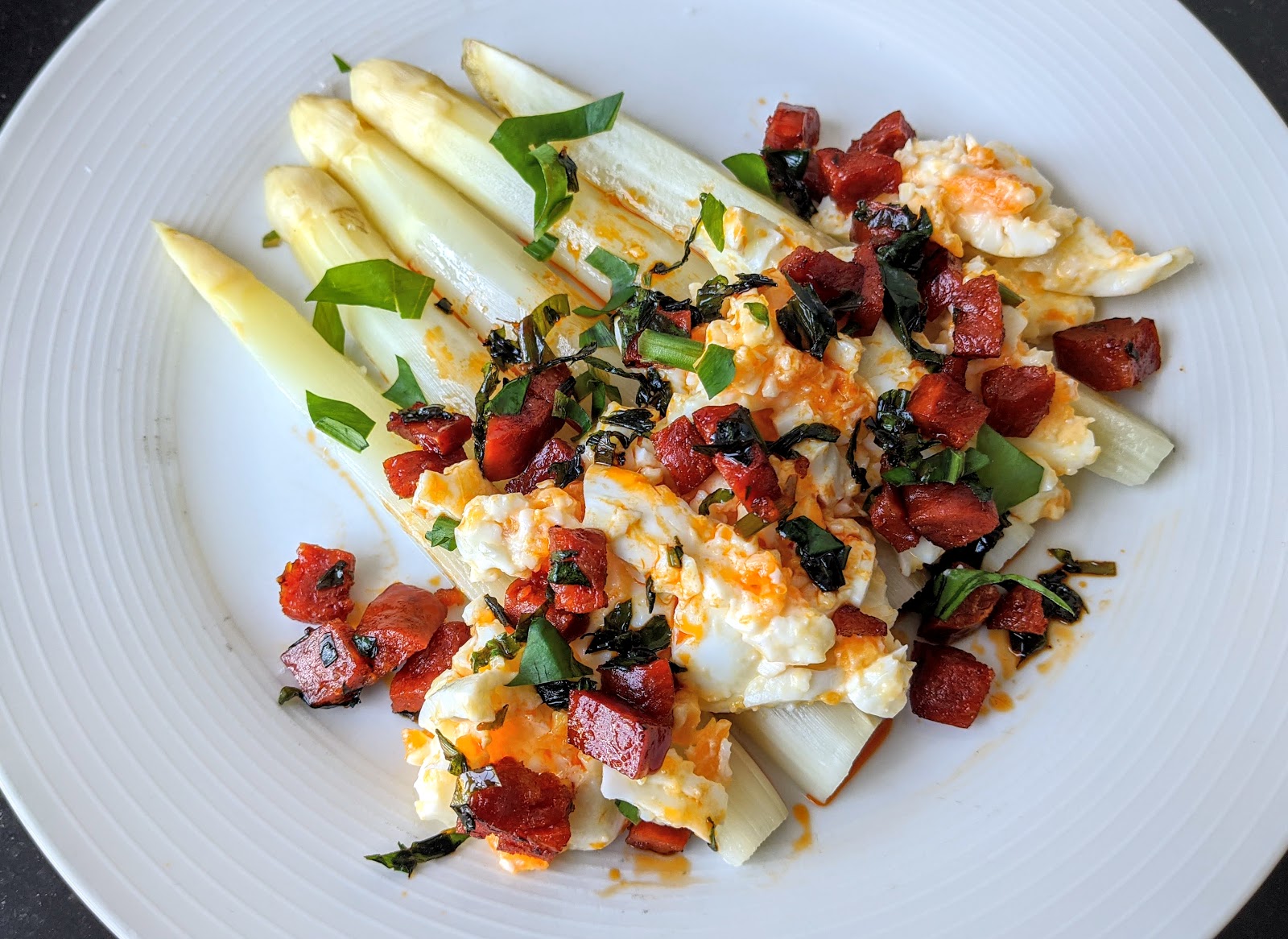 Grilled asparagus with chorizo and coddled eggs Kitchen Exile