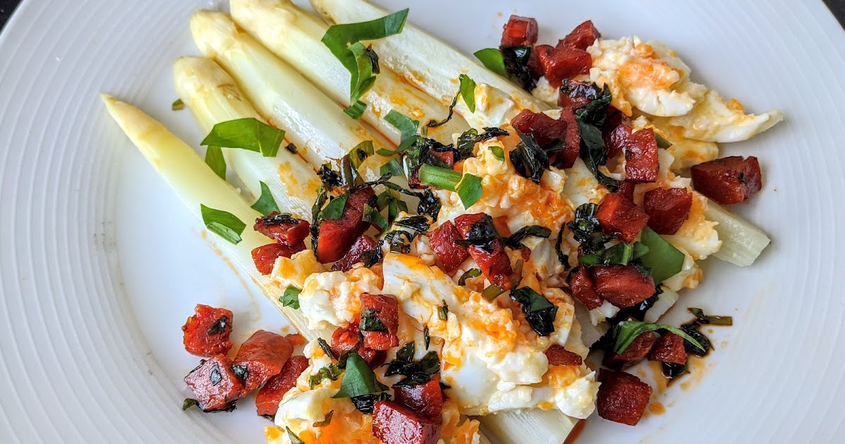 Grilled asparagus with chorizo and coddled eggs Kitchen Exile