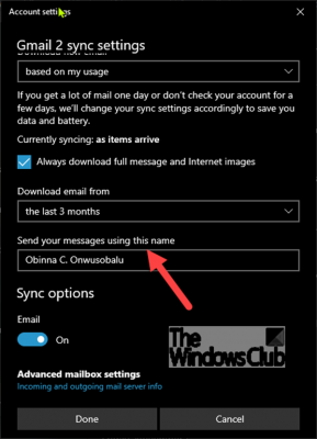 изменить отображаемое имя отправителя в почтовом приложении Windows 10