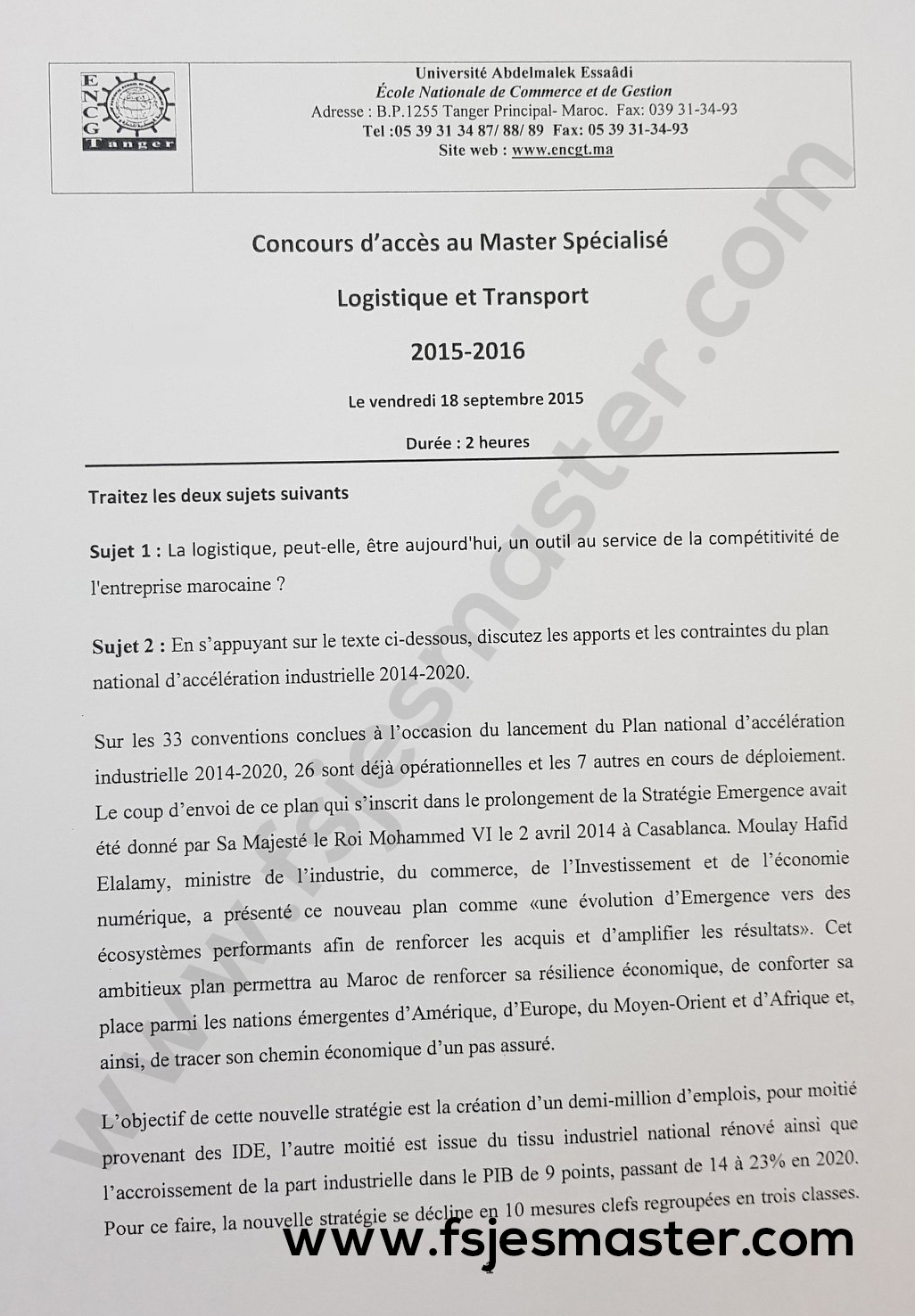Exemple de Concours Master Logistique et Transport 20152016 ENCG Tanger Fsjes Master