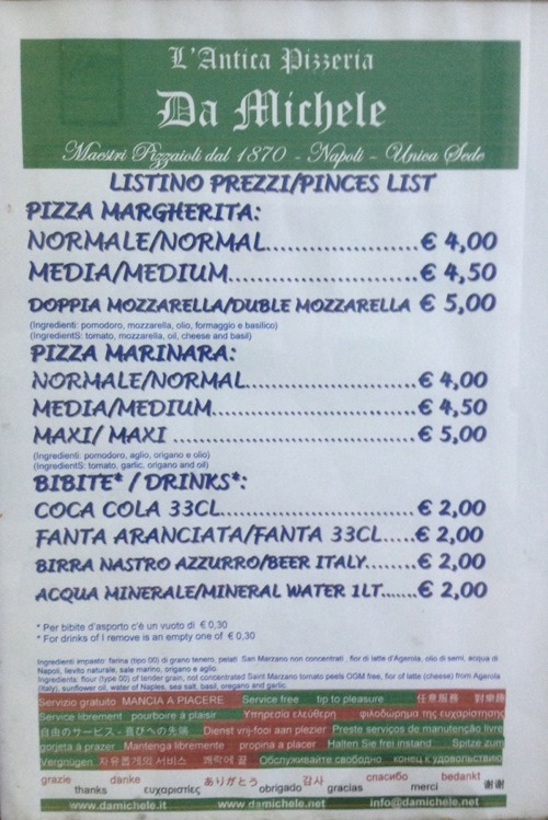Menu e Prezzi L'Antica Pizzeria DA MICHELE a Napoli in via Cesare