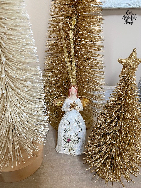 sparkly white gold bottle brush trees angel ornament