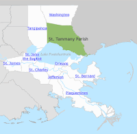 A map depicting nine parishes that surround Orleans Parish in Southeastern Louisiana