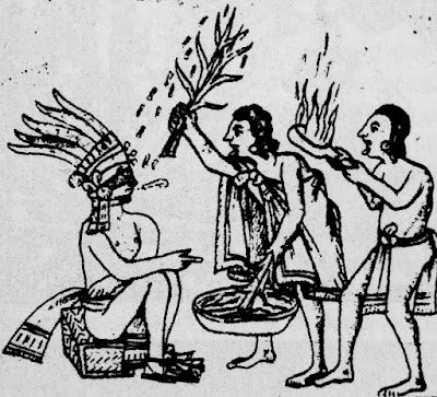 “Offering of fire and water to the statue of the god of war Huitzilopochtli”. Engraving of the sec. XVI