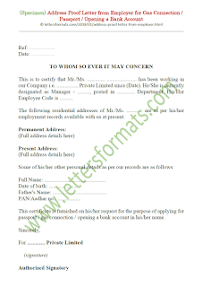 address proof letter from employer for passport / gas connection / bank account