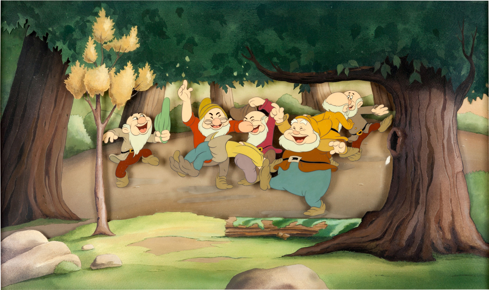 All seven of the dwarfs (with Dopey doing backflip) on a hand-painted backg...